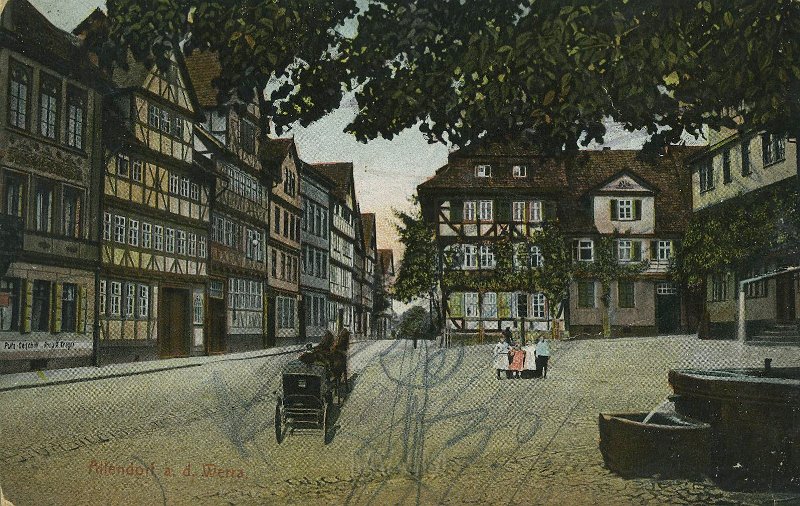 KKE 5480.jpg - Fot. Widokówka imieninowa przedstawiająca uliczkę miejską, Niemcy - Allendorf nad Werrą, lata 30-te XX wieku.